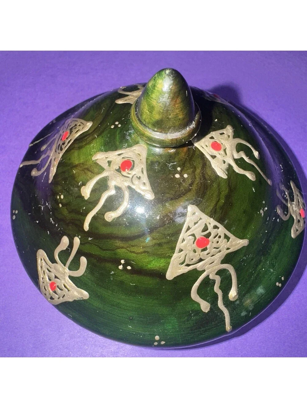 Vtg. Hand Painted Green Wooden Lidded Jar Apothecary Trinket Box Folk Art 4.5”